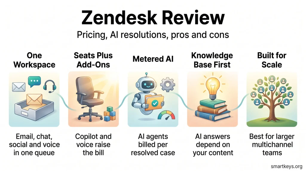 Zendesk review infographic: one workspace for all channels, seat add-ons, metered AI resolutions, knowledge base quality and fit for larger teams.