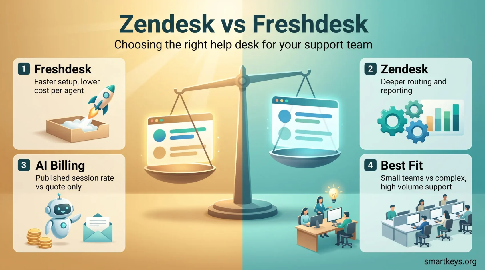 Zendesk vs Freshdesk infographic comparing setup speed, cost per agent, routing and reporting, AI billing and best fit for support teams