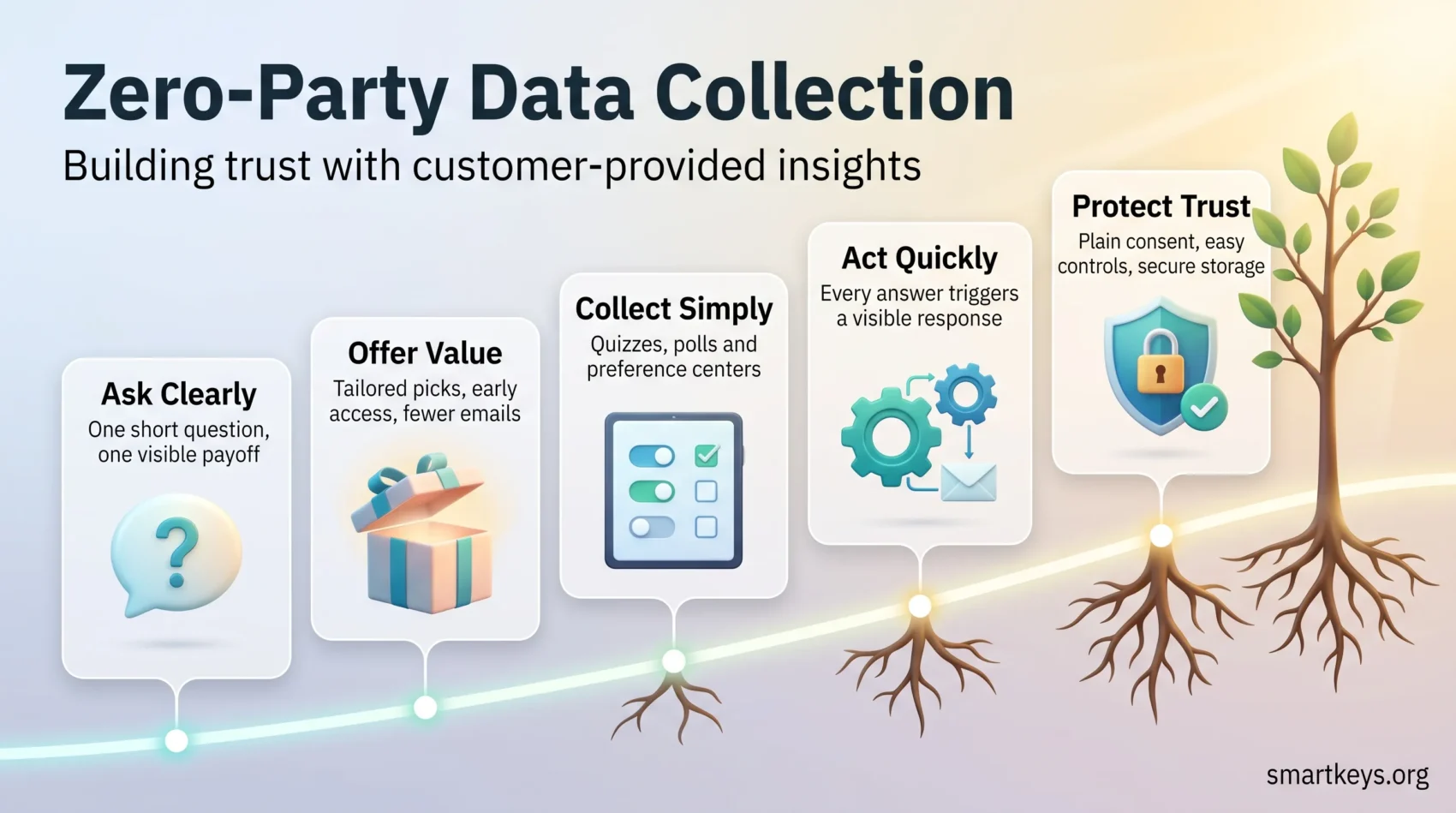 Zero-party data collection infographic showing five steps from asking clearly and offering value to acting quickly and protecting customer trust.