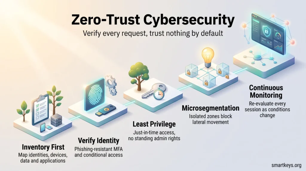 Infographic on zero-trust cybersecurity showing five rising steps: inventory, identity verification, least privilege, microsegmentation and continuous monitoring
