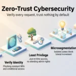 How Businesses Are Adopting Zero-Trust Cybersecurity in 2026 Infographic on zero-trust cybersecurity showing five rising steps: inventory, identity verification, least privilege, microsegmentation and continuous monitoring