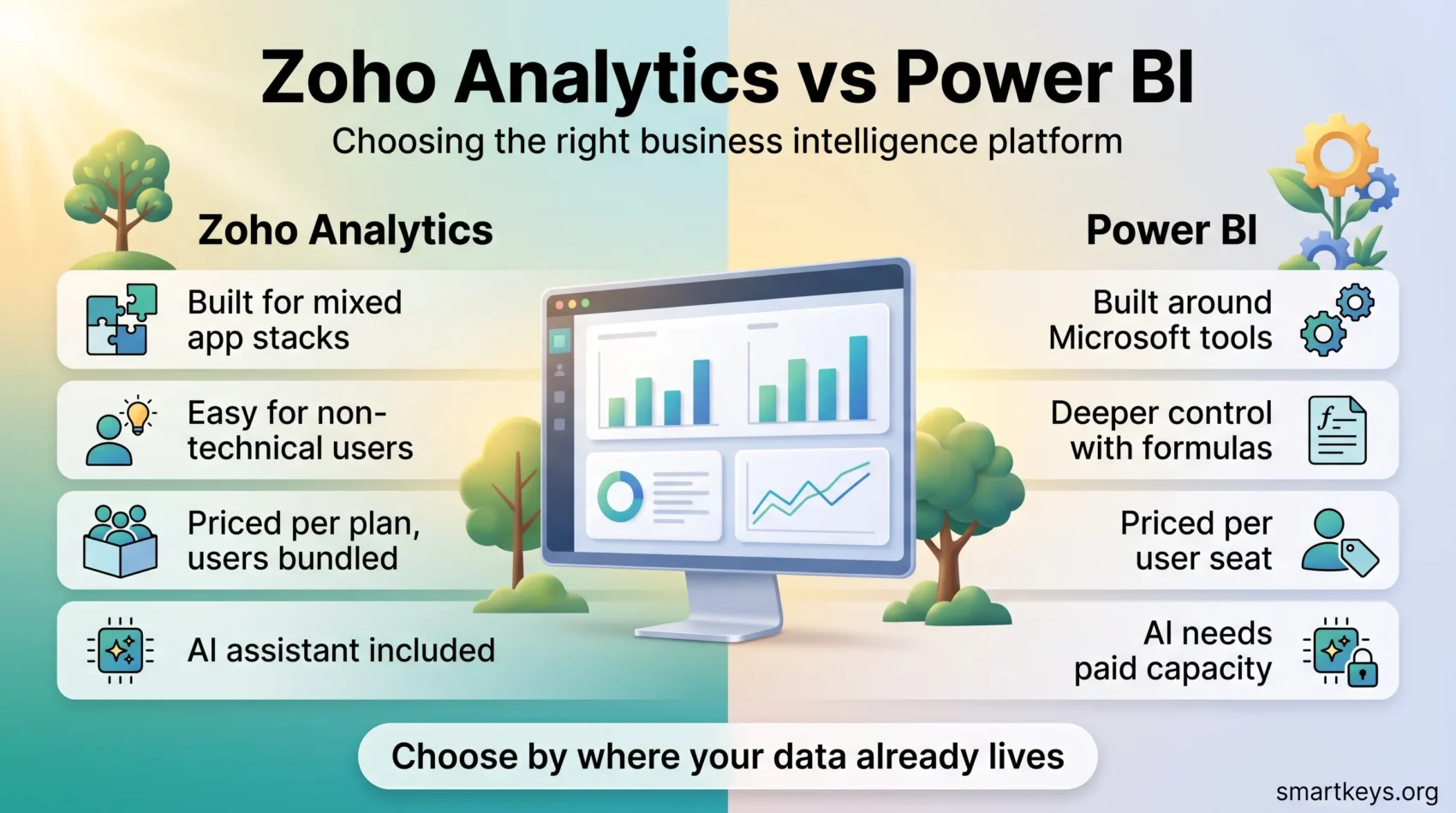 Zoho Analytics vs Power BI infographic comparing stack fit, ease of use, per plan versus per seat pricing and AI costs of the two BI platforms