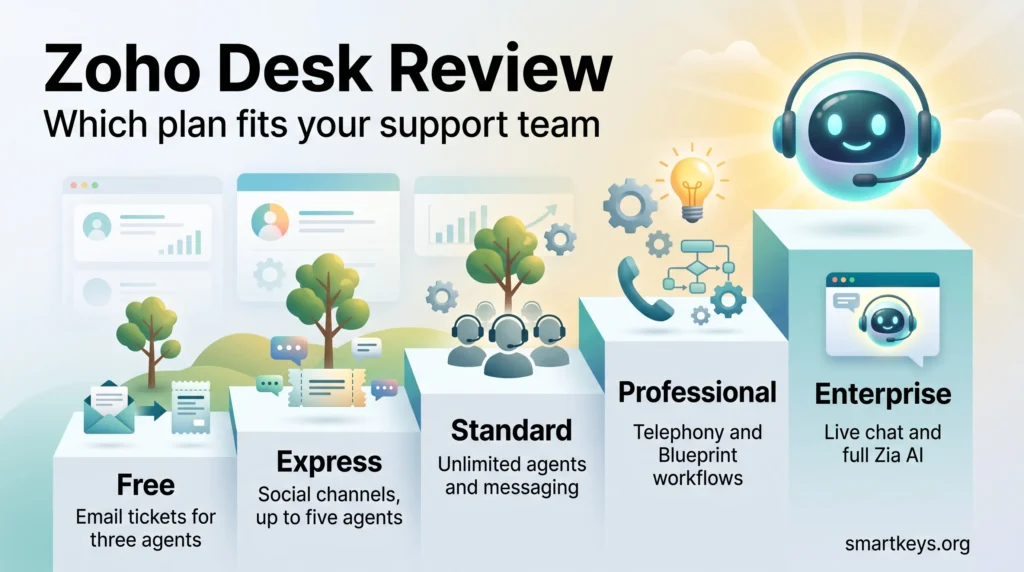 Zoho Desk review infographic: five plans as rising steps, from Free email tickets to Enterprise with live chat and full Zia AI.