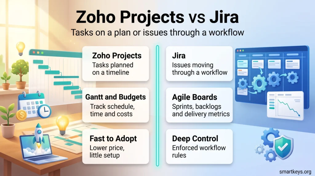 Zoho Projects vs Jira infographic comparing Gantt planning, budgets and quick adoption with Jira's agile boards and enforced workflow rules.