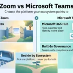 Zoom vs Microsoft Teams infographic comparing easy guest access and events at scale with the Microsoft 365 hub and built-in governance.