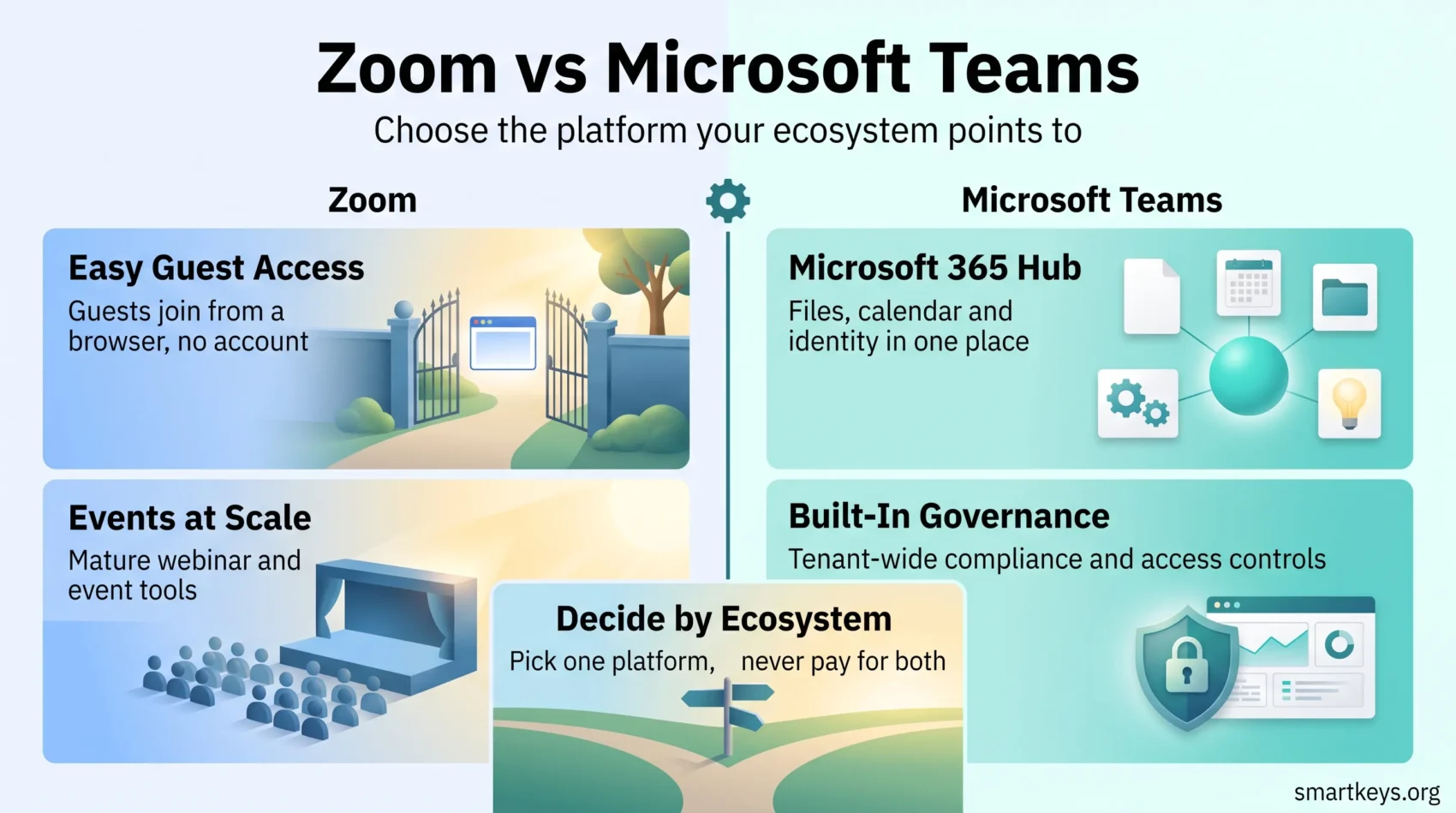 Zoom vs Microsoft Teams infographic comparing easy guest access and events at scale with the Microsoft 365 hub and built-in governance.