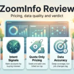 ZoomInfo review infographic covering search and export, intent signals, quote only pricing, data accuracy and the teams it fits best.