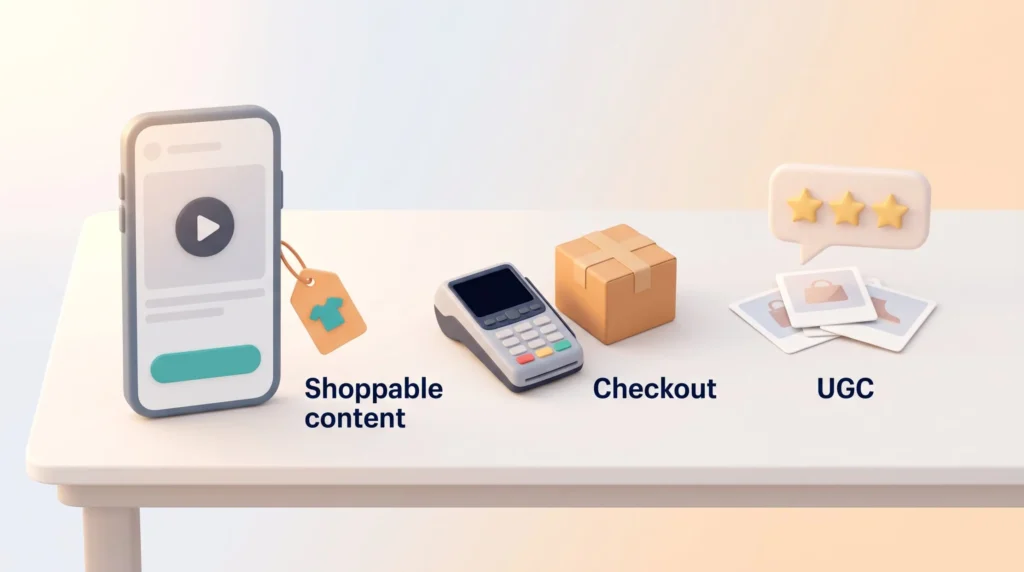 Social commerce building blocks on a table: a smartphone video with a product tag for shoppable content, a payment terminal for checkout and star rated customer photos for UGC.