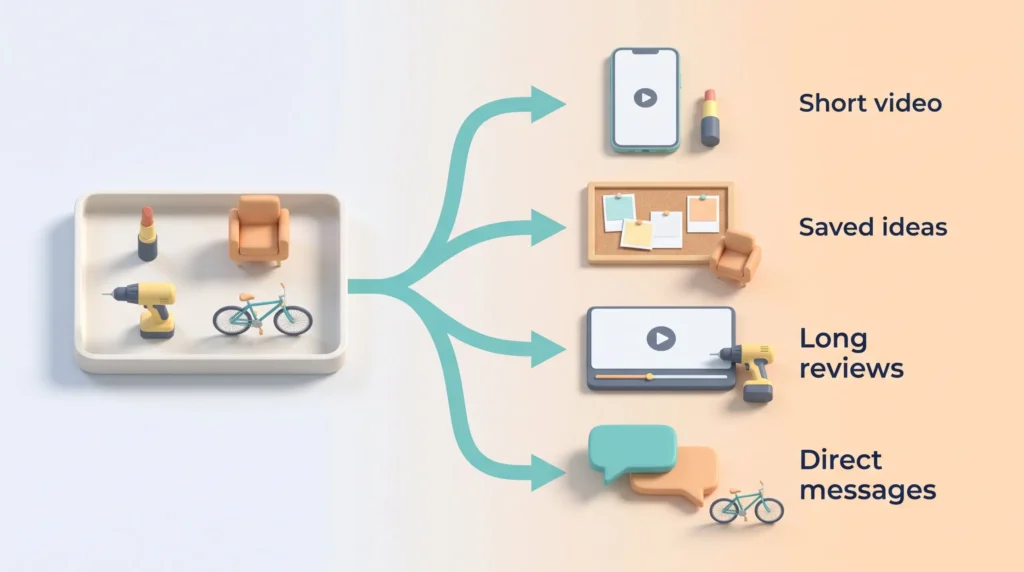 A product tray routed to four formats: lipstick to short video, armchair to saved ideas, drill to long reviews and bicycle to direct messages.