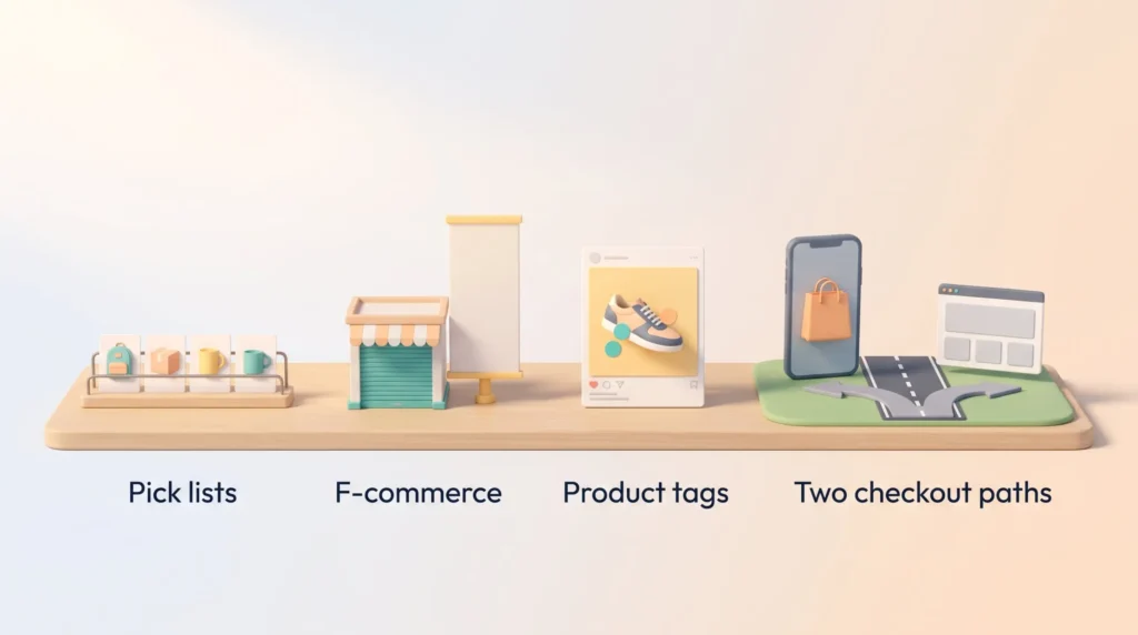 Timeline on a shelf from Pick lists and closed f-commerce stores to product tags in posts and a road forking into in-app and website checkout.