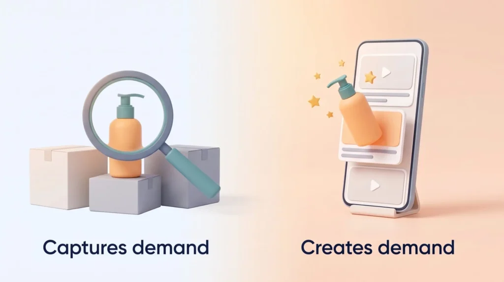 A magnifying glass over a product shows search capturing existing demand, while a product popping out of a phone video feed shows social selling creating it.