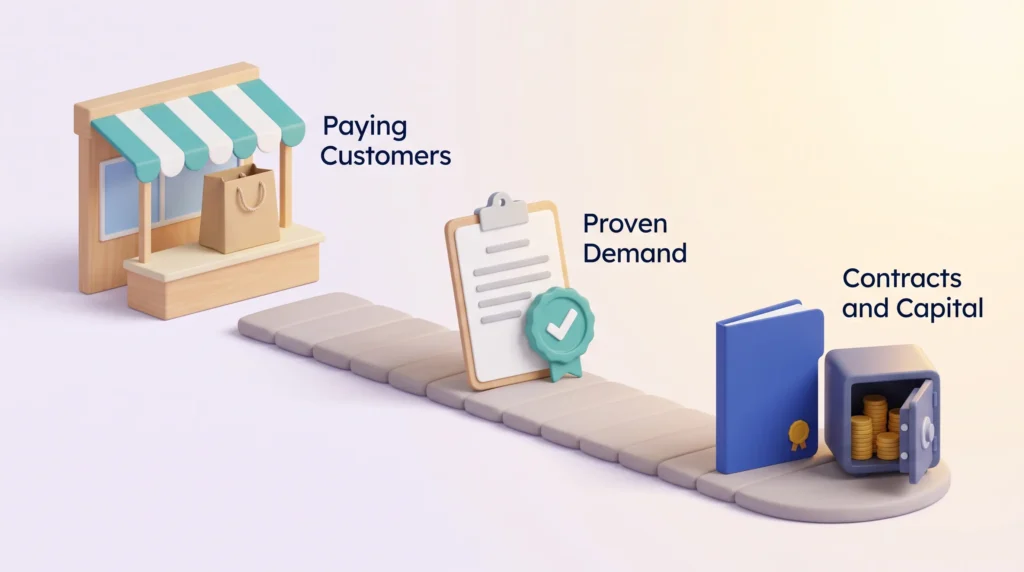 Earned Income Proves Demand Social enterprise model path from a market stall with paying customers to proven demand, which unlocks contracts and capital.
