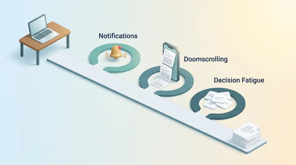 Social media detox illustration: a path from desk to finished work with detours labeled notifications, doomscrolling and decision fatigue.