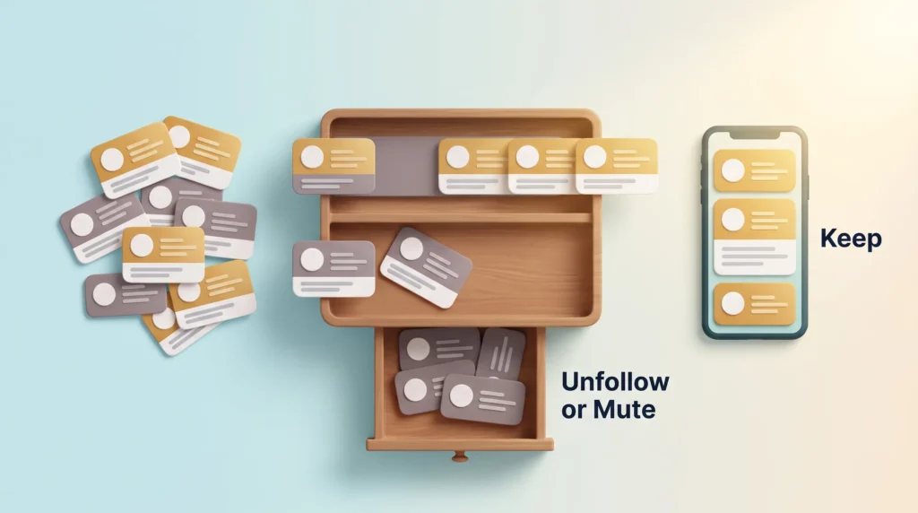 After a digital detox, account cards are sorted: grey ones go into a drawer to unfollow or mute, gold ones stay on the phone to keep.