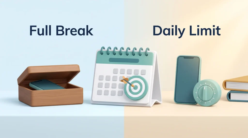 Choosing a social media break: a phone in a wooden box for a full break, a phone with a timer for a daily limit, a goal calendar between.