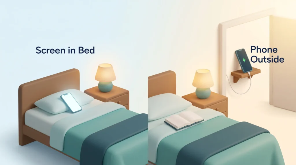Sleep and screen time compared: a glowing phone on the pillow versus a calm bed with a book and the phone charging by the door.