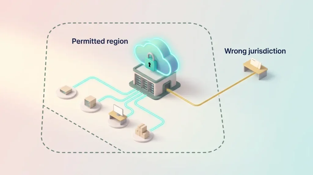 Data residency map with a padlocked cloud data center inside a permitted region and a support route crossing into the wrong jurisdiction.