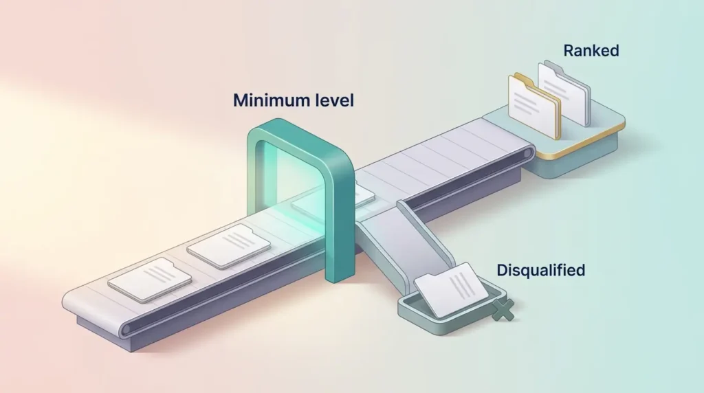 Bids pass a minimum SEAL level gate on a conveyor, one is disqualified onto a side chute and the remaining bids are ranked.