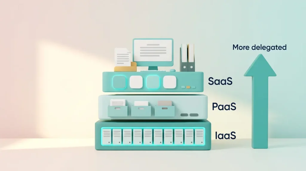 Sovereign cloud service model stack with IaaS, PaaS and SaaS layers and an arrow showing more sovereignty is delegated higher up.