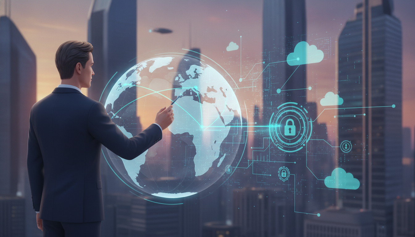 Man in a suit points at a glowing holographic globe ringed by cloud, padlock and network icons at sunset
