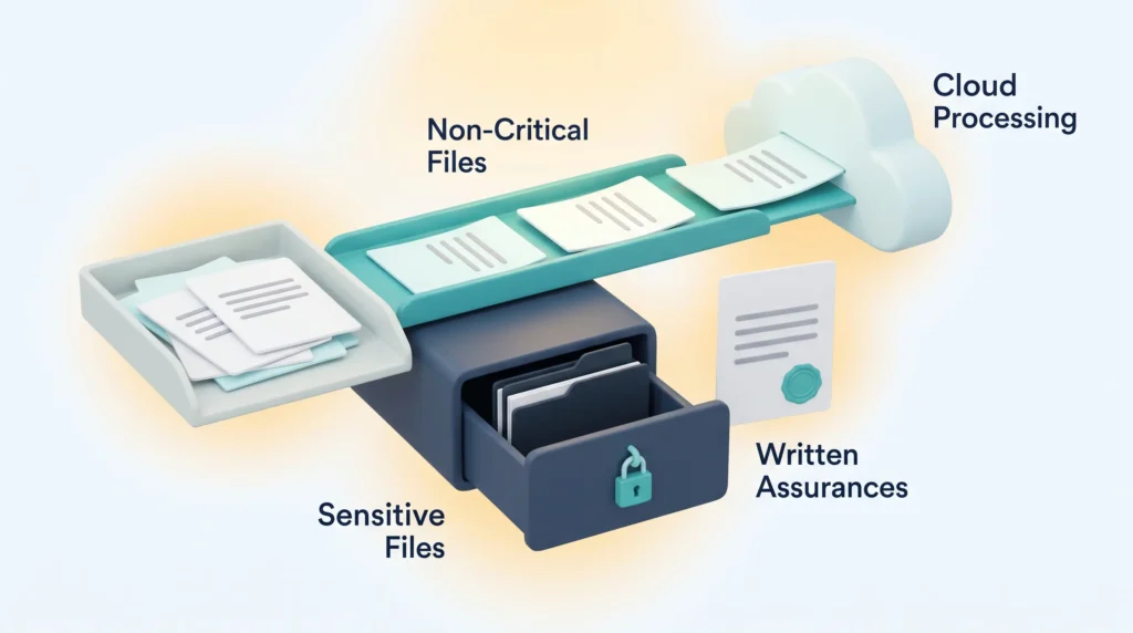 Document Privacy Sorting for Cloud Processing Non-critical files move on a tray into cloud processing while sensitive files stay in a locked drawer beside a sealed written assurances sheet.