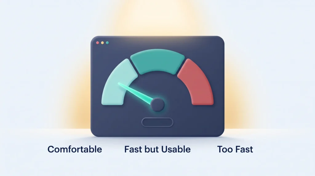 Listening Speed Zones Gauge Speed gauge with Comfortable, Fast but Usable and Too Fast zones, the needle resting in the comfortable range of words per minute.