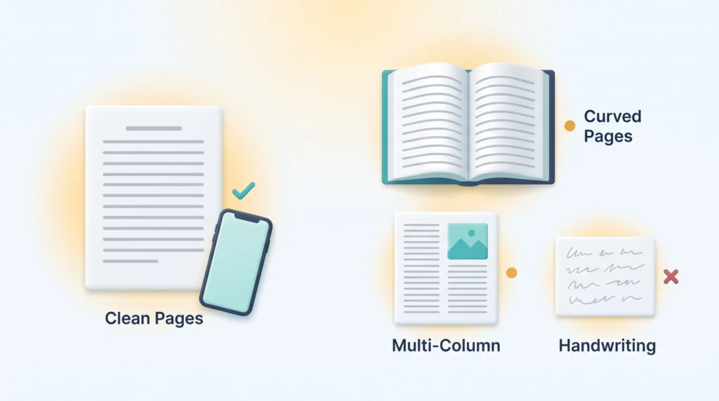 OCR Accuracy on Different Page Types A clean flat page marked as scanning well, while curved pages and multi-column layouts show caution marks and handwriting a failure mark.