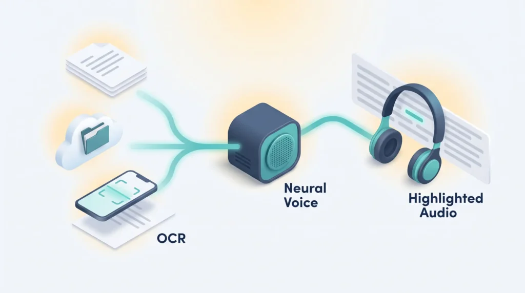 Speechify Text to Speech Workflow Speechify review illustration: files, cloud folders and a phone scan flow via OCR into a neural voice engine and come out as highlighted audio.