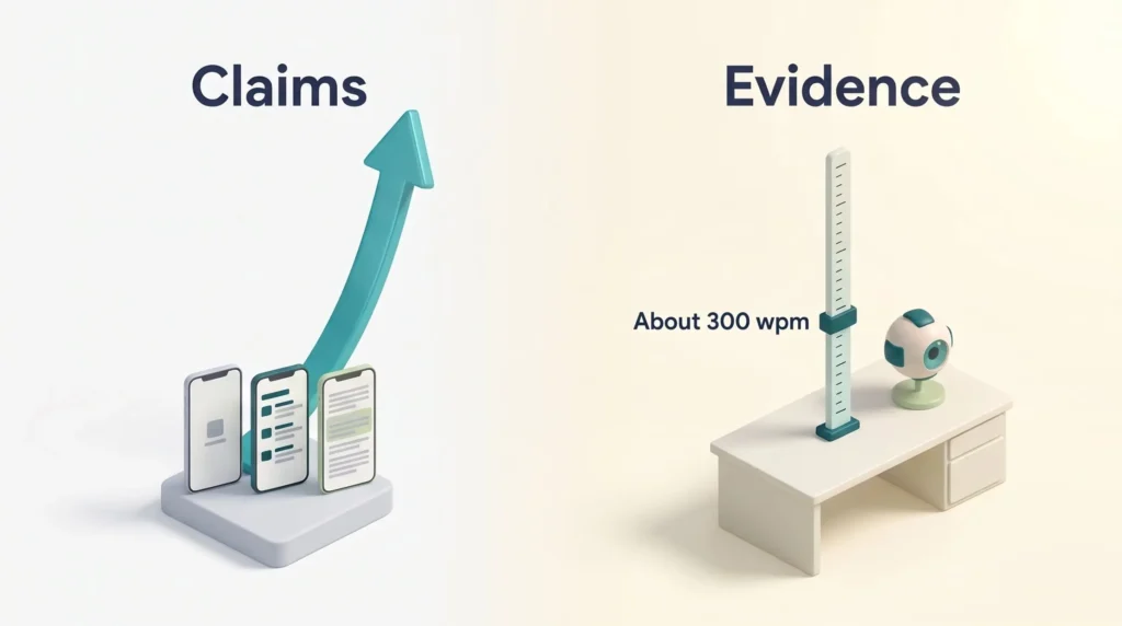 Speed reading apps under a tall promise arrow compared with a measuring rod that marks about 300 wpm as the evidence based reading pace.