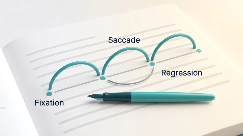 Speed reading techniques explained: fixations and saccades hop along a text line, a regression loops back, and a pen guides the eye.