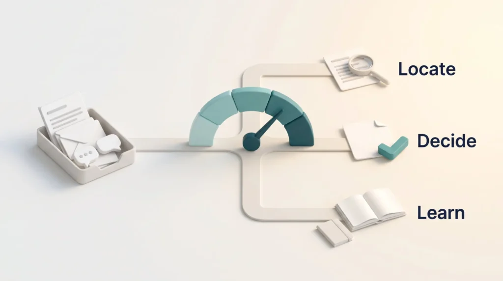 Emails, chats and reports flow from an inbox through a reading speed dial to three purposes: locate, decide and learn.