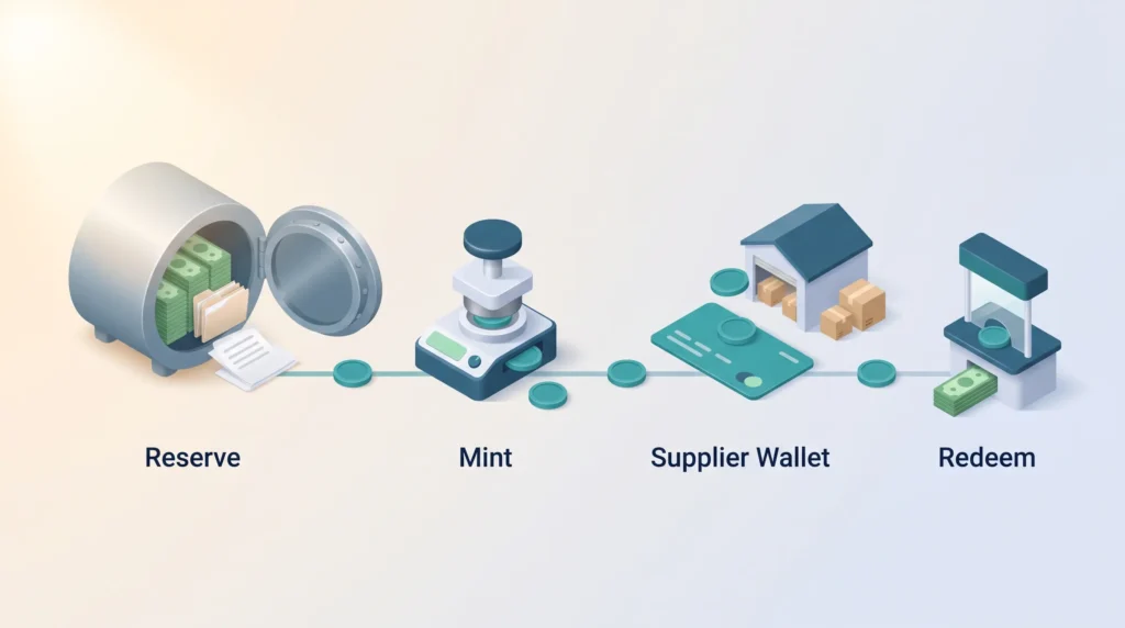 Stablecoin Payments Mint and Redeem Cycle Stablecoin payments explained: a reserve vault of cash, a press minting teal tokens, a supplier wallet and a redeem counter