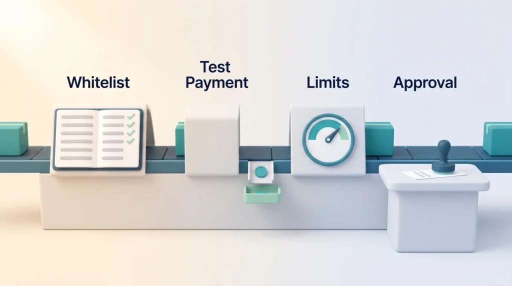 Stablecoin Payment Risk Controls Payment parcels on a conveyor pass whitelist, test payment, limits and approval checks before a stablecoin transfer leaves