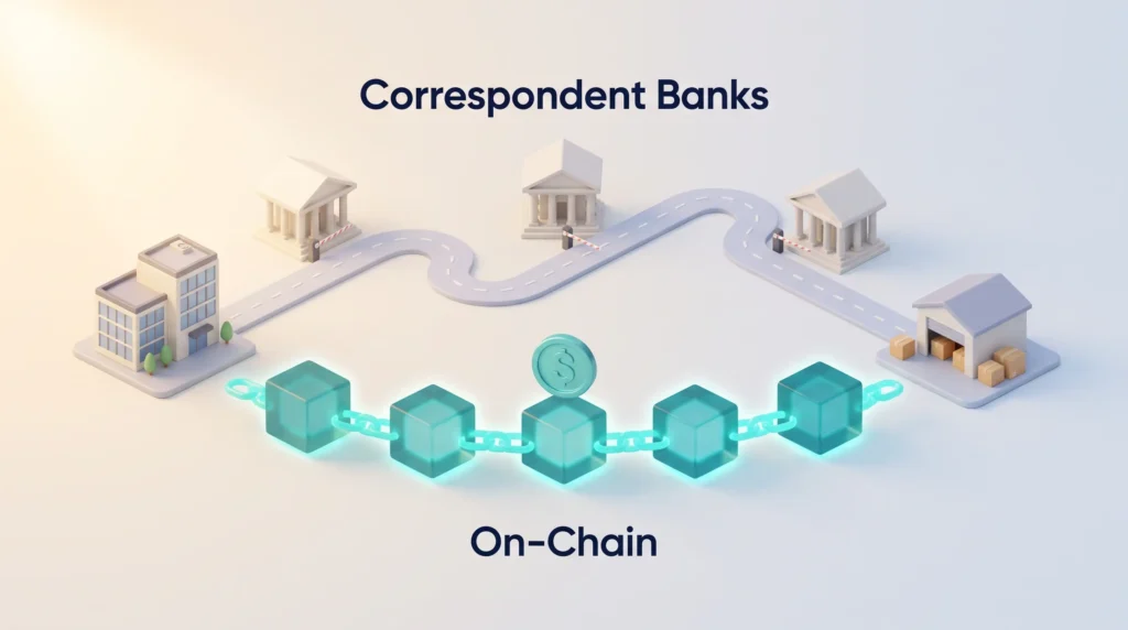 Correspondent Banks Versus On-Chain Settlement Stablecoin settlement compared: a winding road through three correspondent banks with barriers versus a direct on-chain route to the supplier