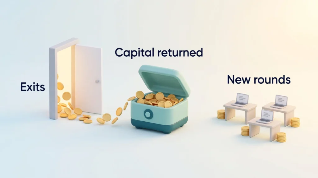 Exits Recycle Capital Into New Rounds Coins tumble from an open exit door into an investor strongbox and on to new startup desks, showing returned capital funding new rounds