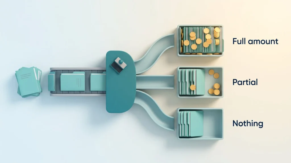 Small Business Financing Outcomes Loan applications sorted into trays for full amount, partial and nothing, showing how small businesses fare when raising capital