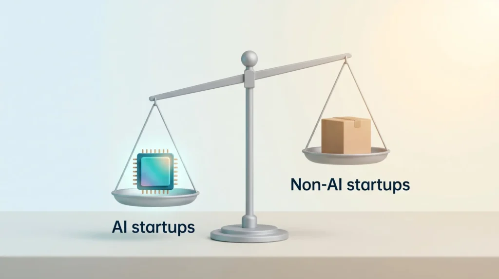 AI vs Non-AI Startup Valuations Balance scale with a glowing AI chip outweighing a cardboard box, showing the Series A valuation gap between AI and non-AI startups
