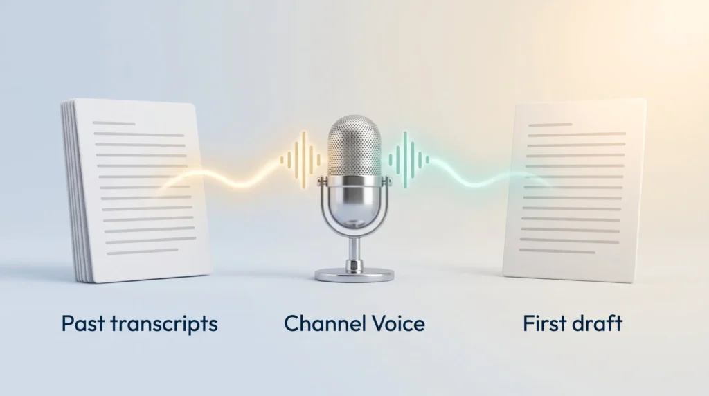Subscribr Channel Voice Workflow Past video transcripts flow through a studio microphone into a first script draft written in your own voice.