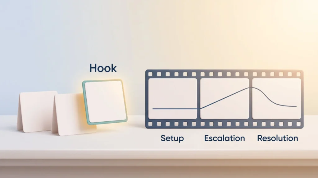 Hook and Three Act Story Structure One chosen hook card leads into a storyboard with setup, escalation and resolution sections.