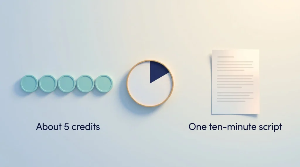 Subscribr Script Credits Explained Subscribr pricing in credits: about five script credits equal one ten-minute script, shown as five tokens, a clock and a script page.