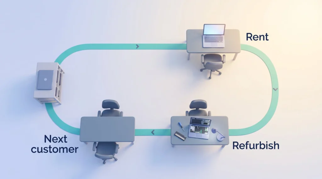 Circular rental loop in which a laptop is rented to a customer, refurbished on a repair bench and passed on to the next customer