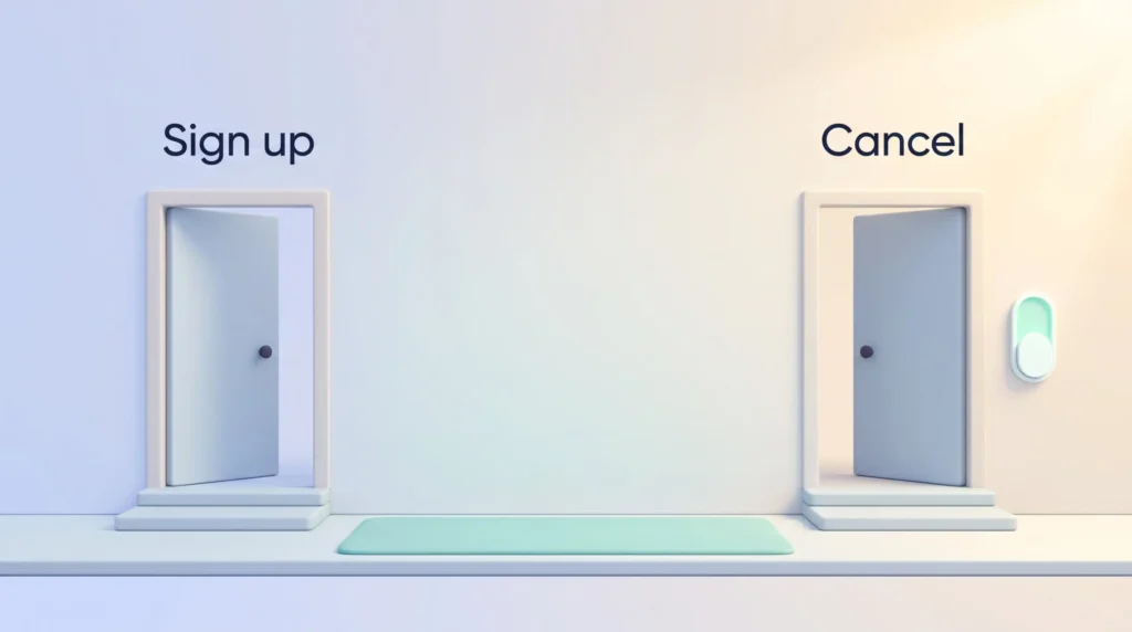 Two identical open doors labeled Sign up and Cancel, showing that cancelling subscription services should be as simple as signing up