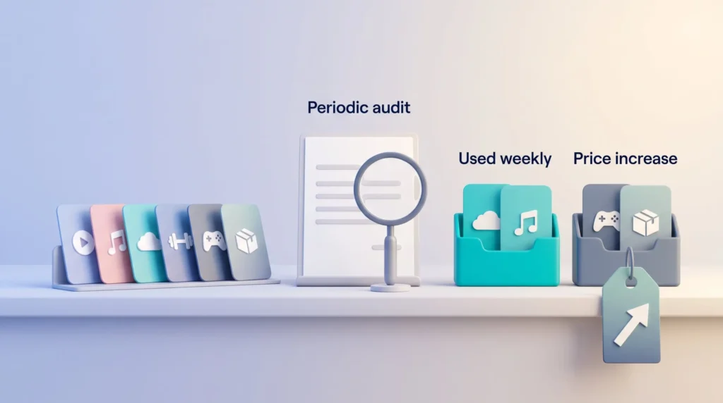 Subscription churn audit: service cards reviewed with a magnifying glass, weekly used ones kept and cards with a price increase tag set aside