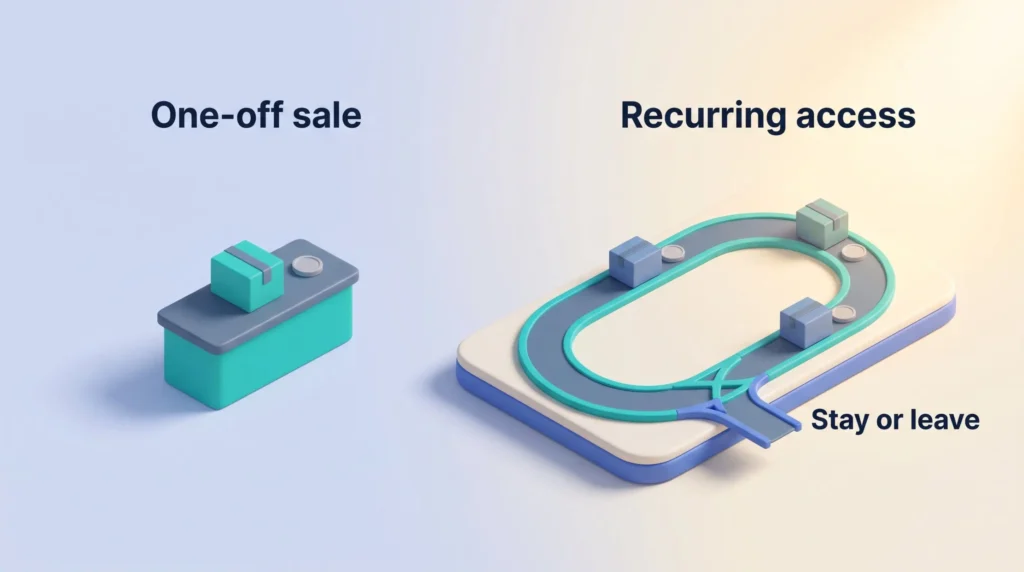 Subscription business models compared: a one-off sale at a counter versus recurring access on a delivery loop where customers stay or leave each cycle