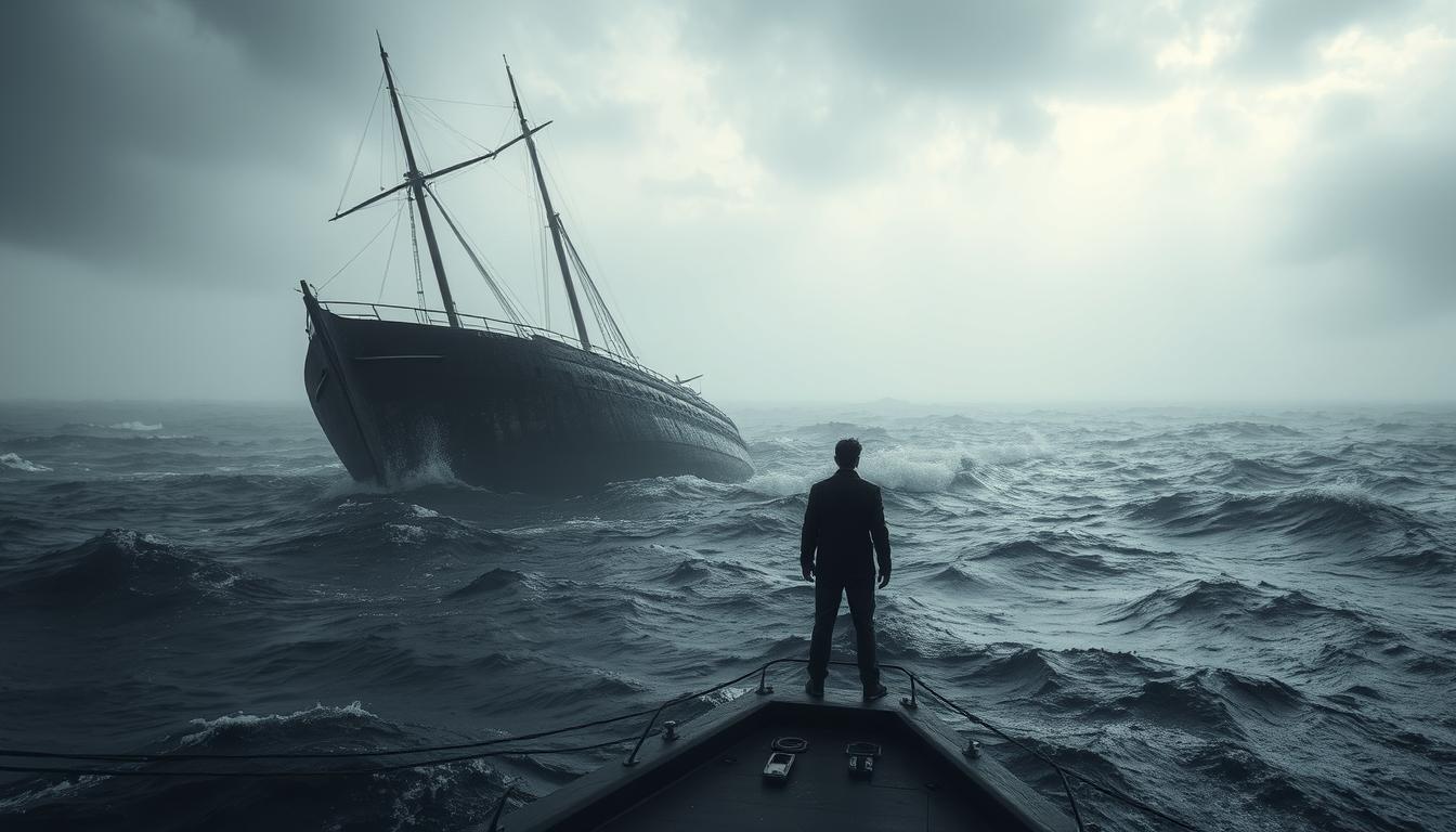 sunk cost Person on a small boat facing a stricken sailing ship in rough seas under heavy grey clouds