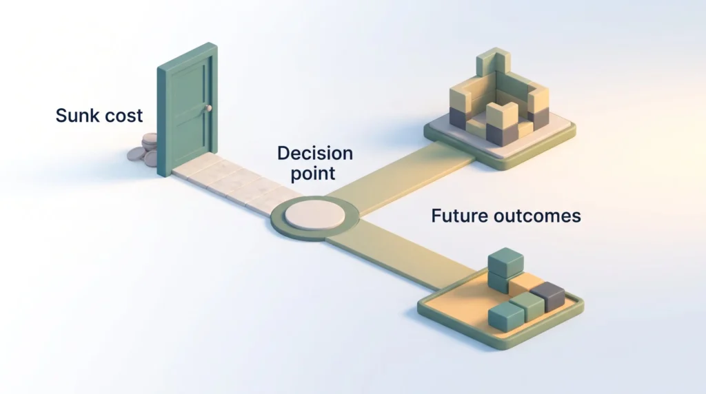 Sunk Cost and the Bygones Principle Sunk cost shown as a closed door with spent coins behind it, a decision point, and two open paths leading to future outcomes.