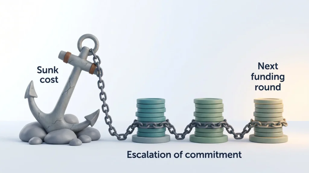Escalation of Commitment Funding Chain Weathered anchor chained to three equal coin stacks, showing escalation of commitment as each funding round is tied to the one before.