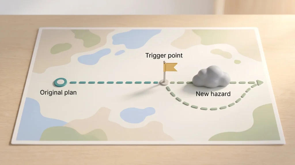 Plan Continuation Bias Trigger Point Map with an original plan route, a new hazard ahead and a trigger point flag where the route changes course, illustrating plan continuation bias.