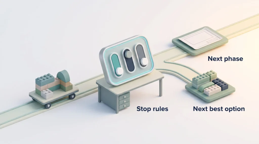 Stop Rules Checkpoint to Cut Losses Checkpoint desk with a stop rules switch panel where the project track splits into the next phase or the next best option to cut losses.