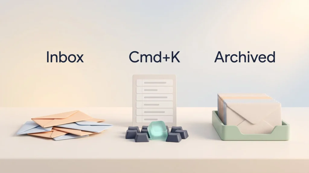 Keyboard First Email Workflow Superhuman review illustration: an inbox pile of envelopes, a glowing Cmd+K key and an archived tray show mail processed in one pass.